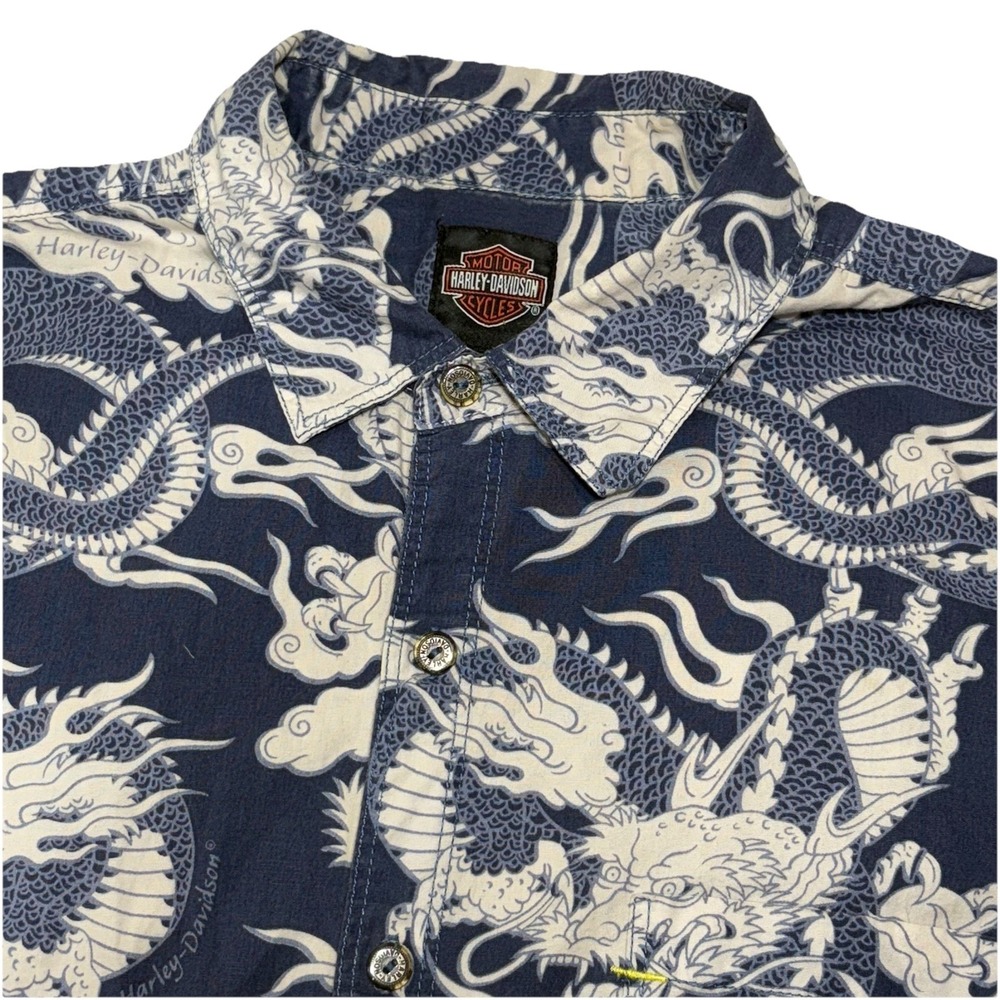 Harley-Davidson Shirt Mens L Blue‎ Dragon Aloha Hawaiian Button Up Cotton Retro